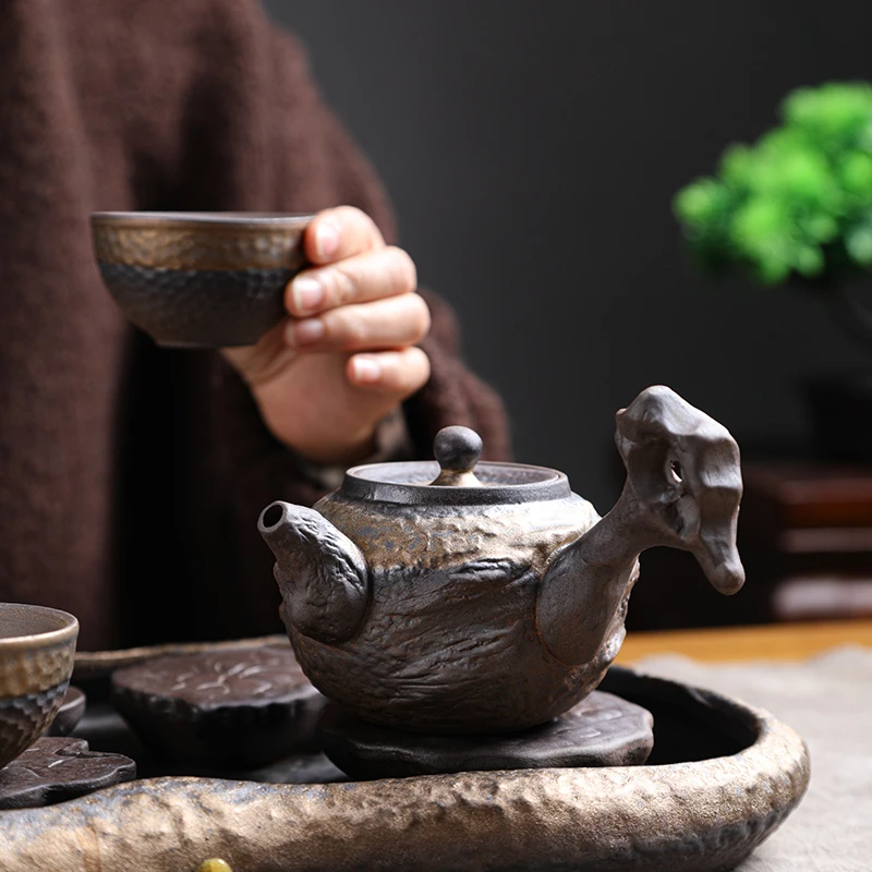 粗陶复古侧把壶纯手工老岩泥泡茶壶家用日式功夫陶瓷创意中式泡壶