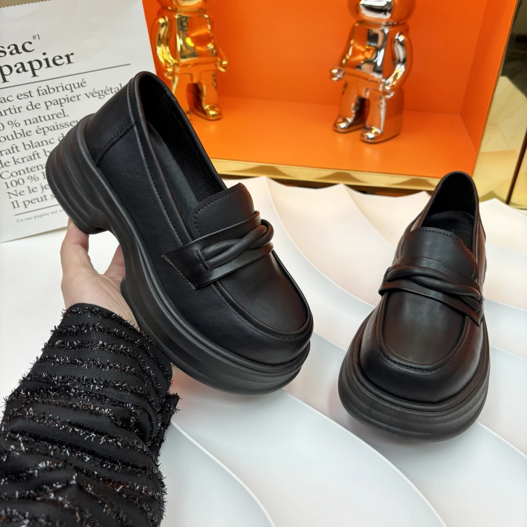 909麦穗真皮厚底乐福鞋圆头春时尚百搭真皮英伦风小皮鞋单鞋女