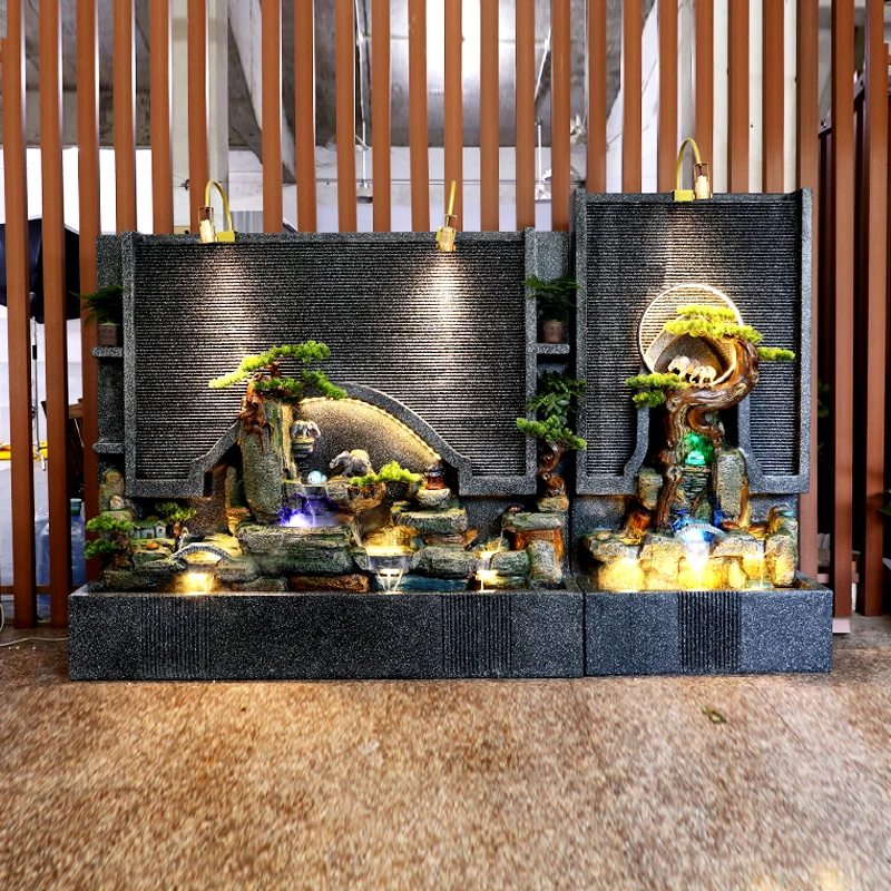 大型水幕墙假山流水喷泉循环水装饰品公司庭院办公室落地招财摆件