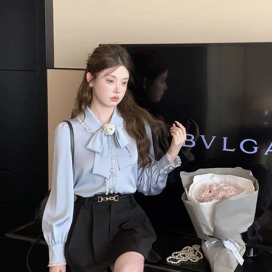 可拆卸山茶花蝴蝶结 法式小香风娃娃领衬衫女缎面气质上衣