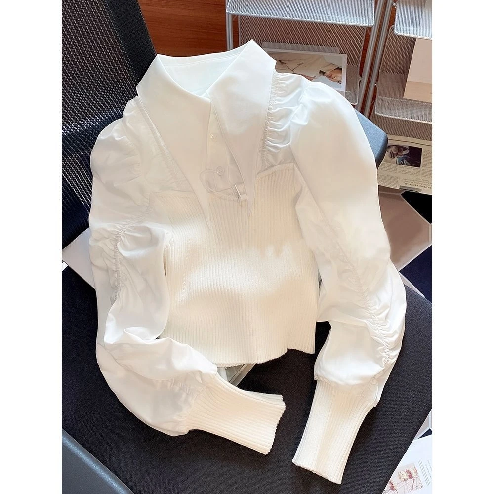 白色针织衫2022早春新款女装小香风尖领衬衫拼接漂亮新品欧货上衣