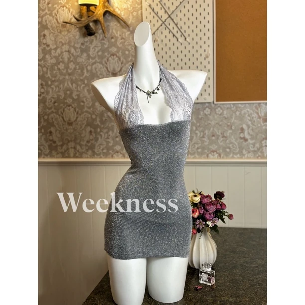 「weekness」灰色蕾丝包臀裙显瘦气质轻奢性感复古法式优雅设计感