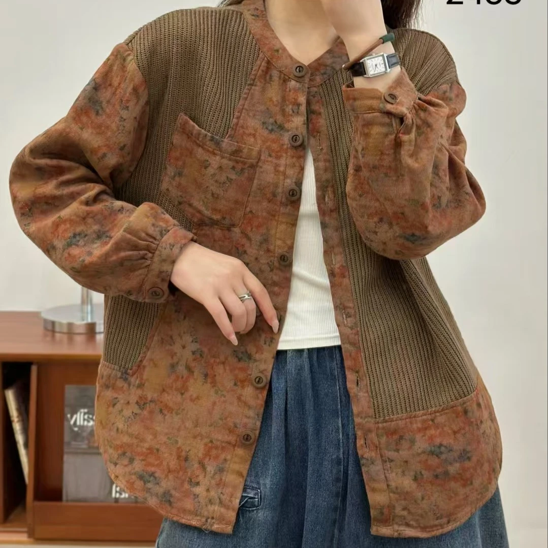 4722新款秋季优雅气质减龄拼接宽松显瘦棉衣