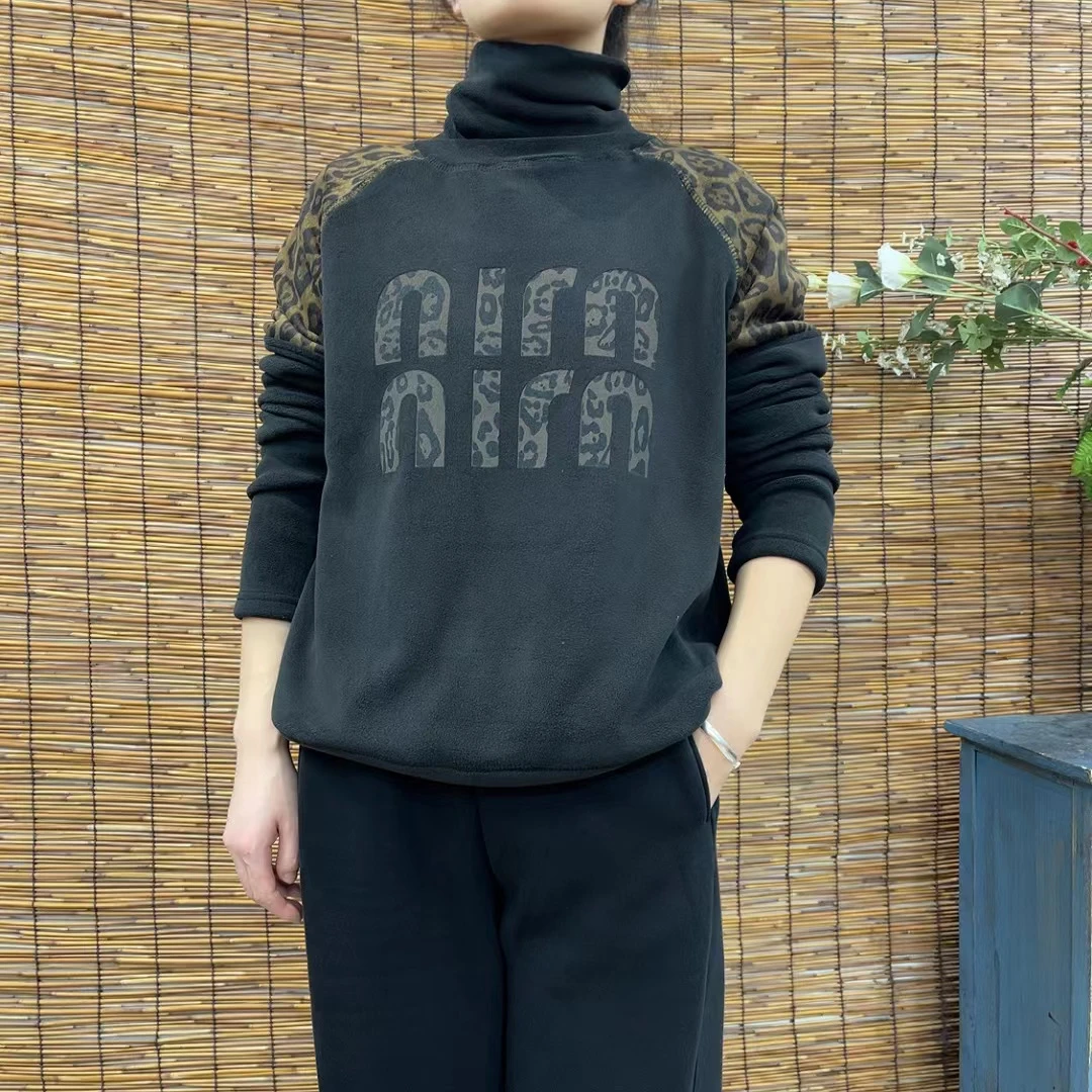 74143新款加绒加厚秋冬洋气减龄豹纹拼接显瘦高领卫衣