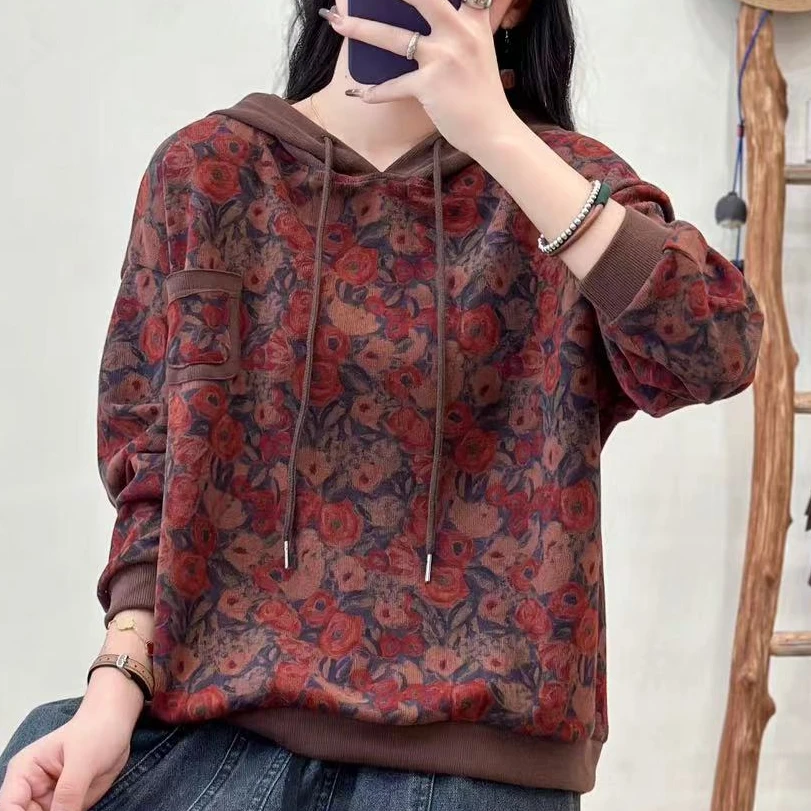 6984新款春季休闲百搭气质减龄印花连帽长袖卫衣T恤