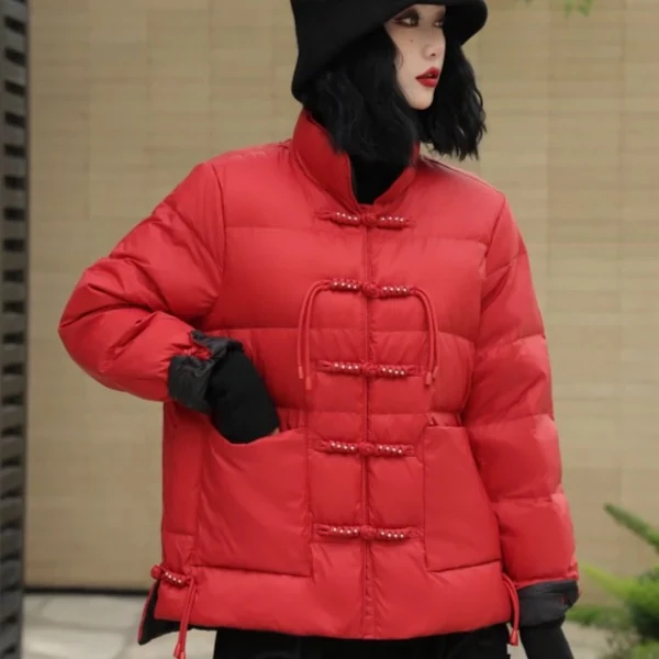 复古盘扣立领白鸭羽绒服宽松版外套