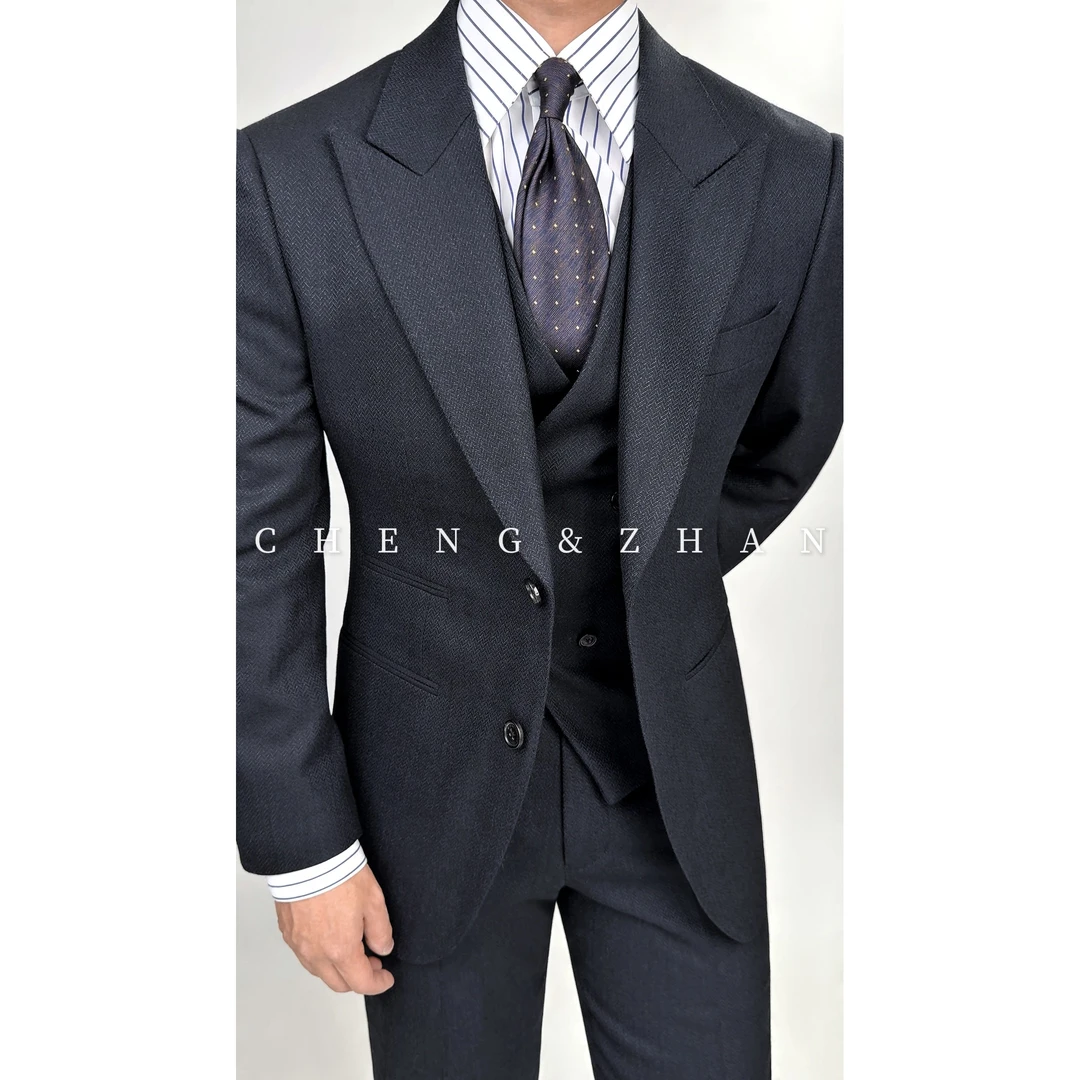 撑展【黑标】手工工艺【羊毛三件套】伦敦人藏青人字纹三件套套西