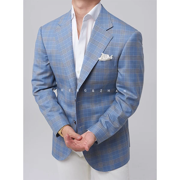 撑展【常规】工艺【单西】高定绵羊毛蓝色格纹休闲长袖单西上衣