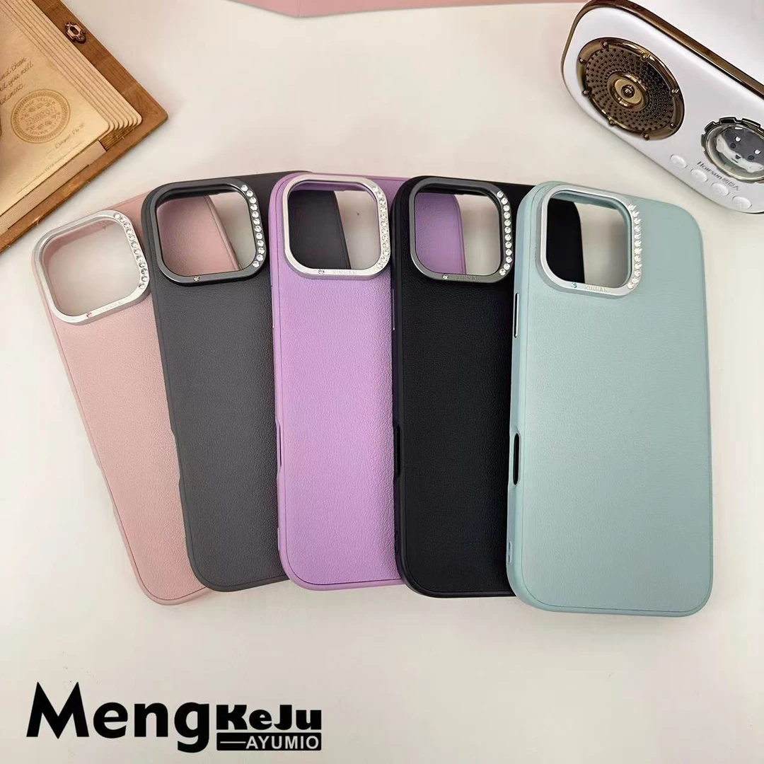 【萌】创意皮纹点钻镜头框简约手机壳适用于苹果13-16华为M60-70P70