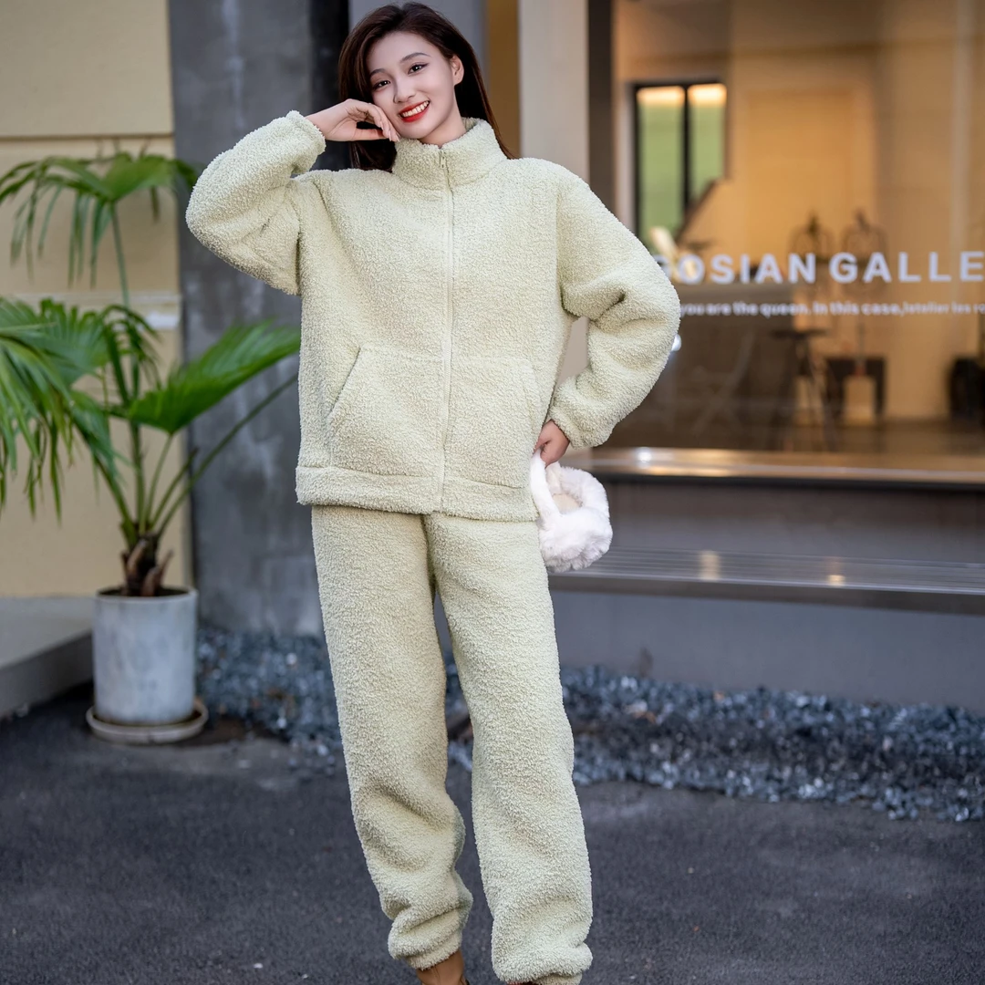秋冬款加加厚家居服女睡衣情侣款休闲舒适毛绒绒立领拉链套装