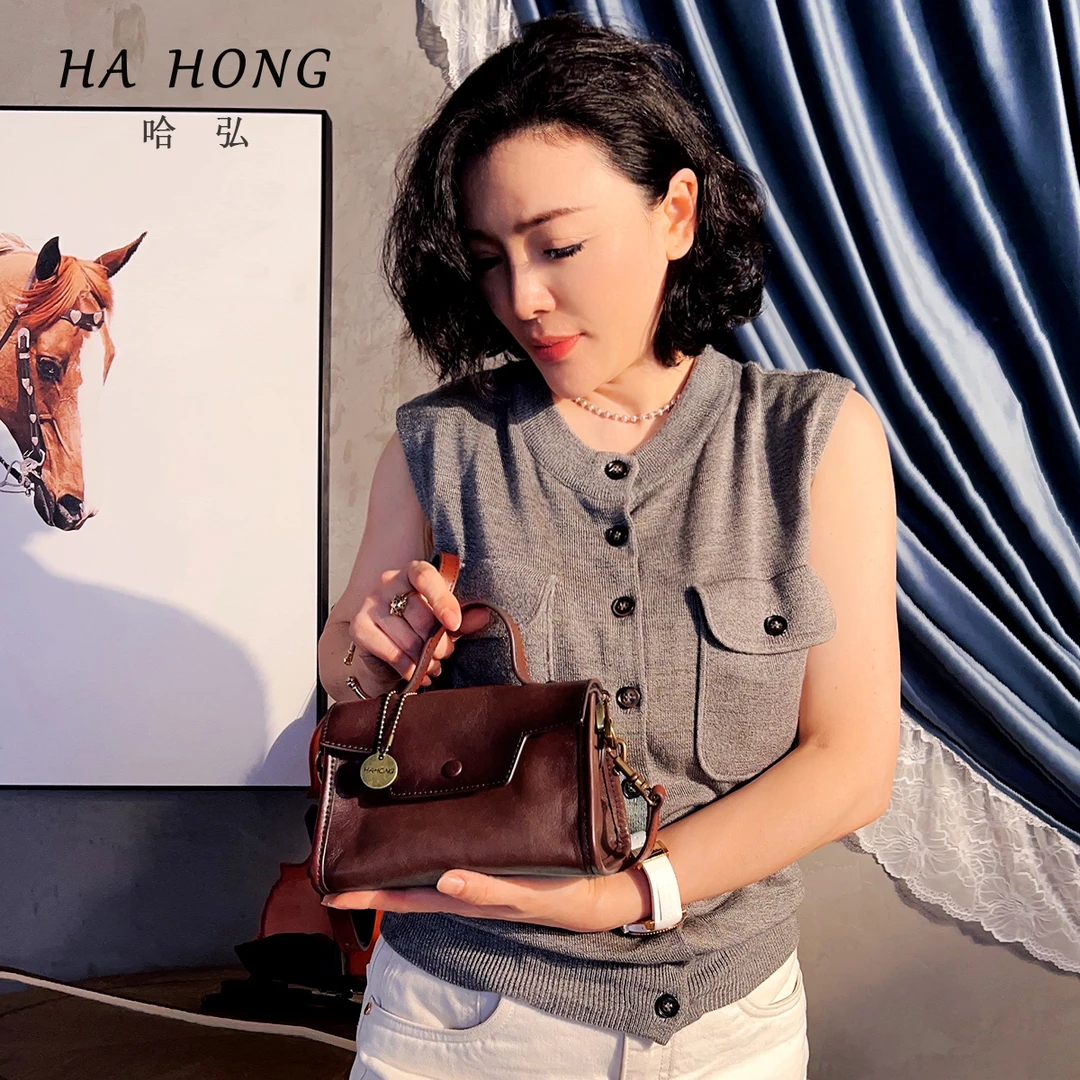 春夏新款时尚轻奢设计款高级复古原生态头层牛皮真皮休闲斜挎包