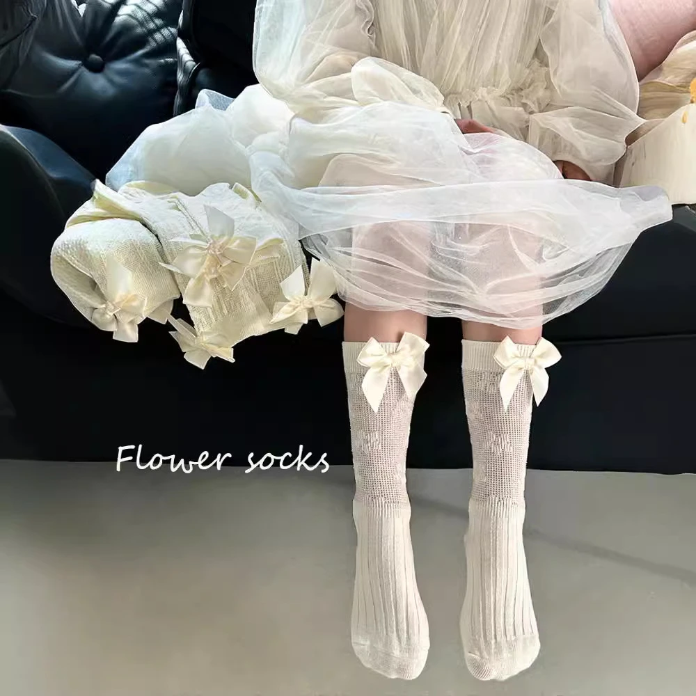 儿童白色夏薄款蕾丝袜蝴蝶结女童中长筒袜甜美公主学生小腿袜百搭