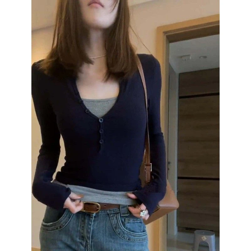 针织T恤修身显瘦长袖百搭上衣同款打底衫两件套装2024新款辣妹