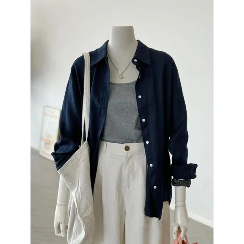 CHAO级推荐!夏日穿搭~韩系藏青色棉麻衬衫女透气舒适慵懒防晒衣