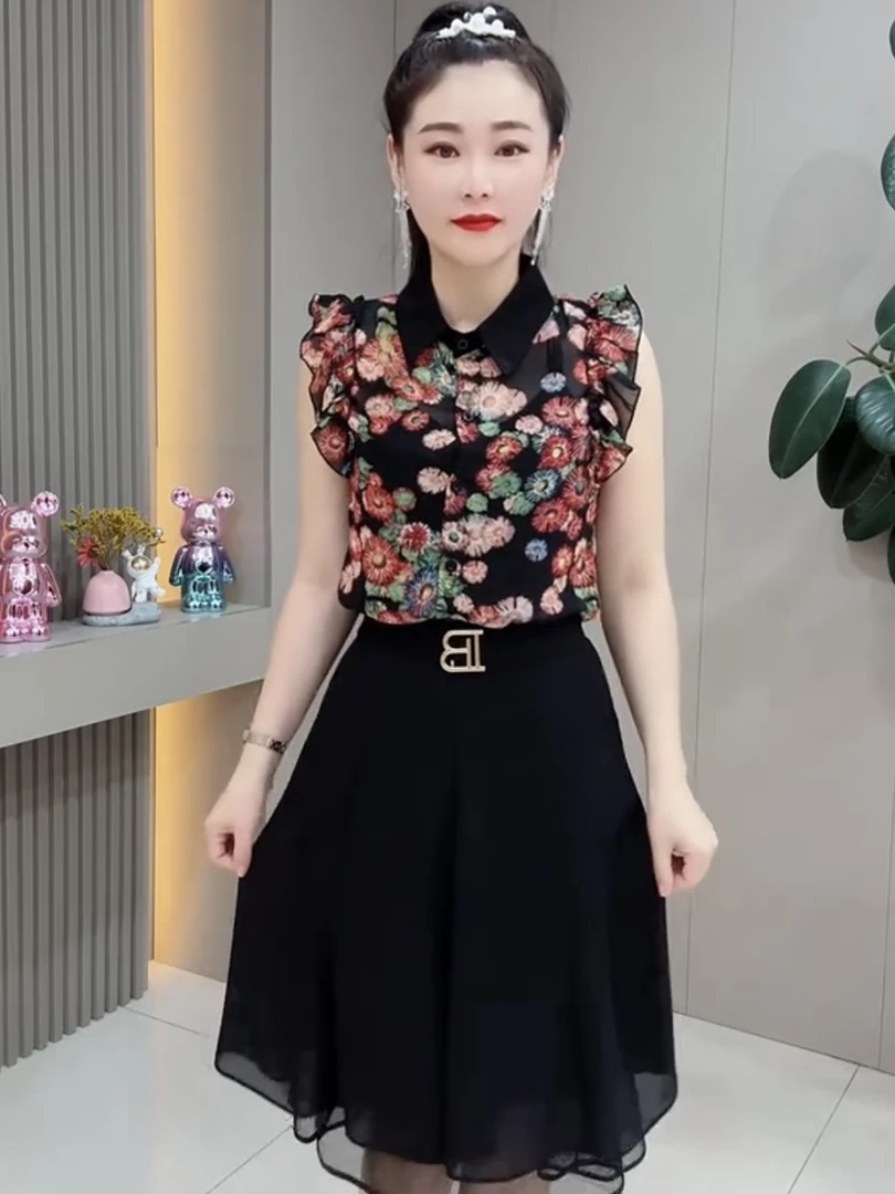 夏季遮肚碎花雪纺衫时尚洋气减龄上衣百搭印花砍袖POLO衫显瘦衬衫