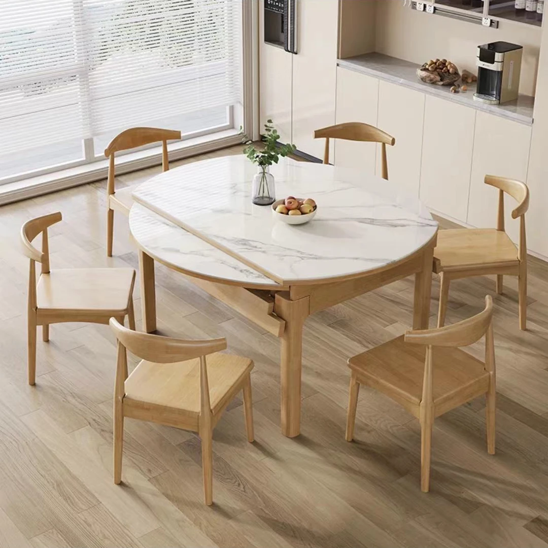 岩板全白橡木餐桌家用小户型简约现代可伸缩餐桌方圆两用饭桌子