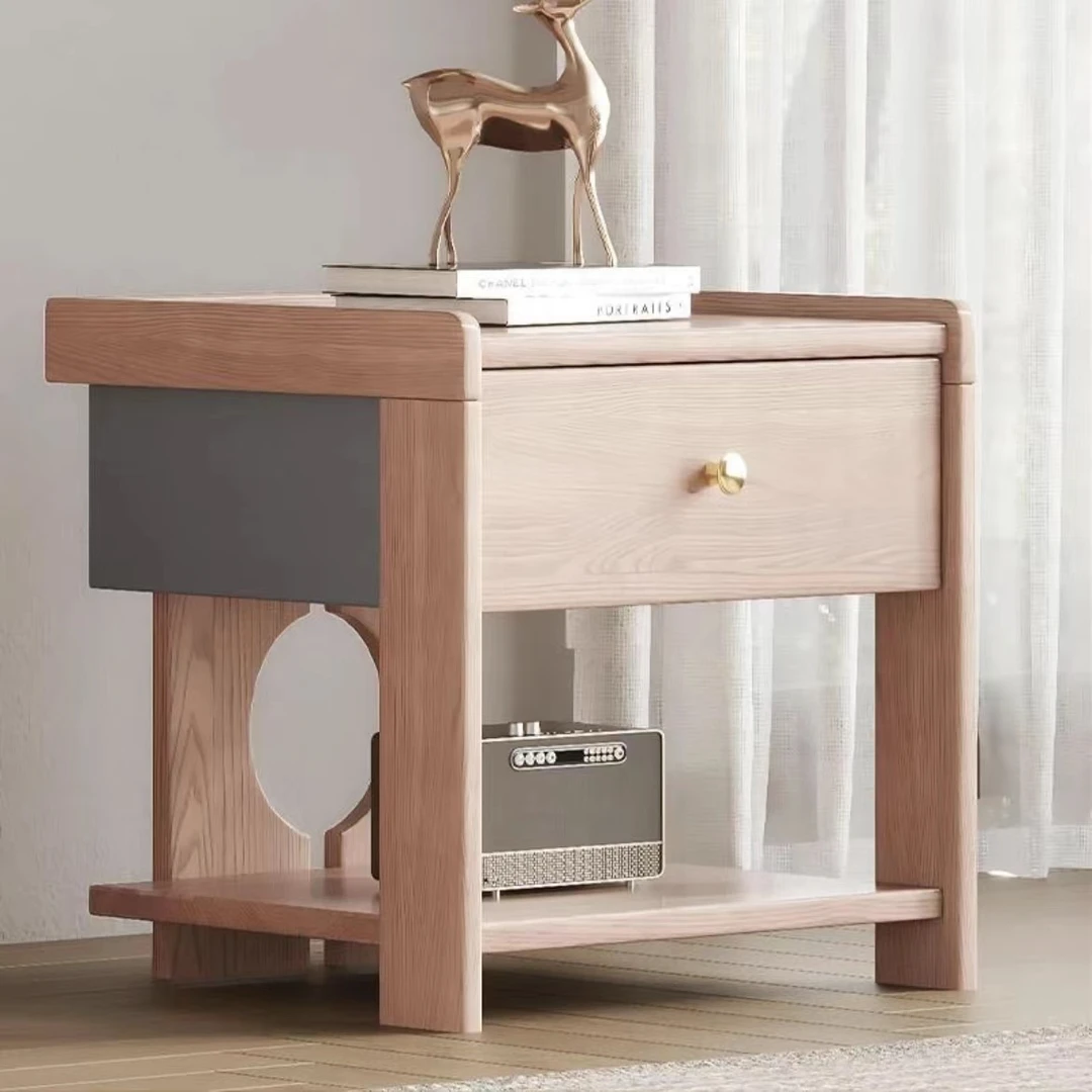 巨海北欧白蜡木全实木奶油风卧室储物柜现代简约床边柜