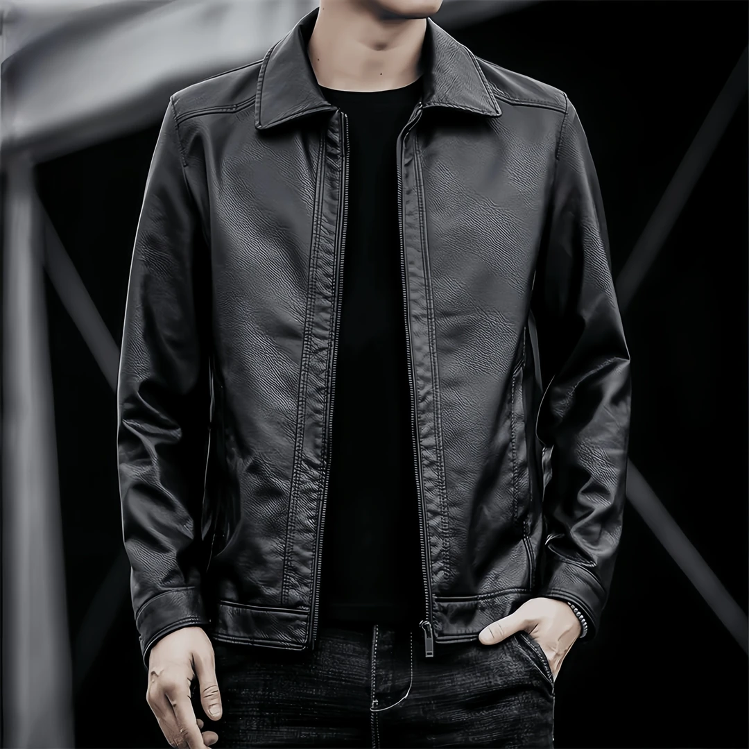 高端海宁皮衣男士机车皮夹克新款翻领时尚休闲皮外套男
