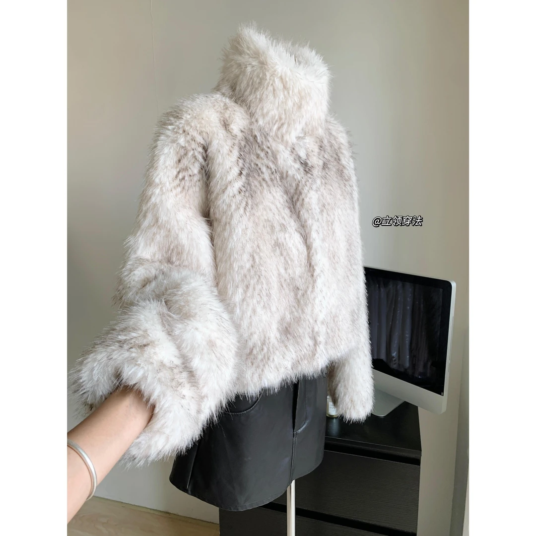 法式千金2023冬季保暖环保毛毛外套女高级名媛气质立领上衣