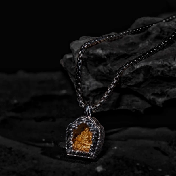 坠链均925银 精致纯银盒盒吊坠挂件藏传黄财财手工复古盒盒