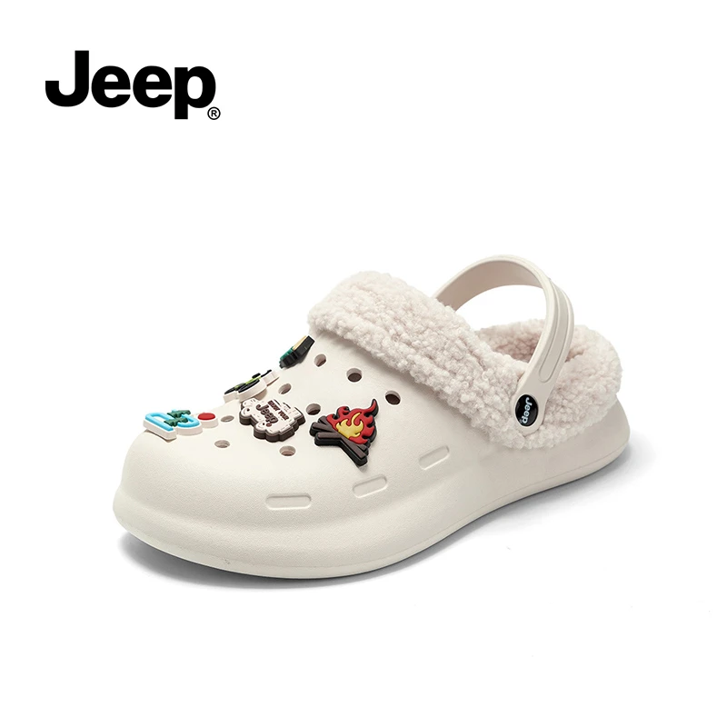 JEEP/吉普2025冬季加绒洞洞鞋休闲外穿保暖毛毛鞋踩屎感棉拖鞋女