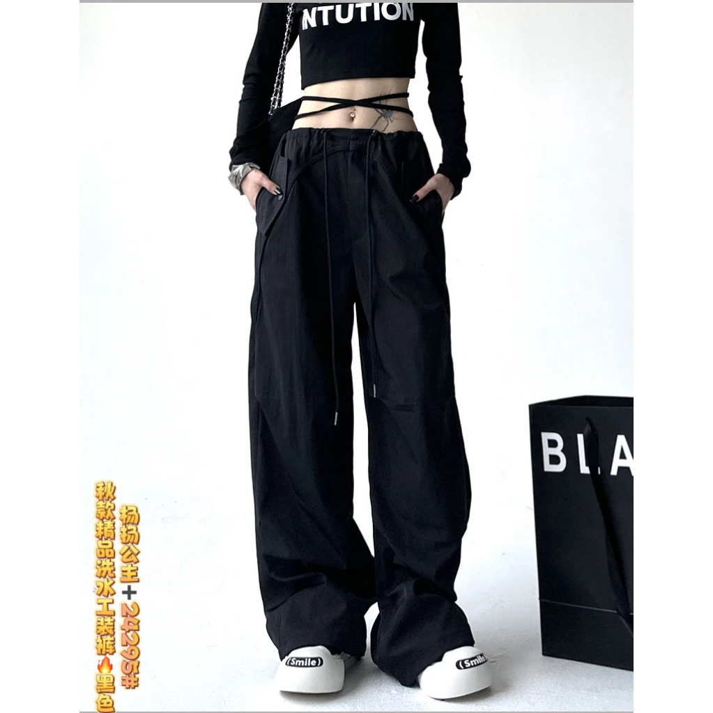 美式复古工装裤女秋季抽绳直筒裤宽松阔腿裤拖地裤潮休闲长裤9010