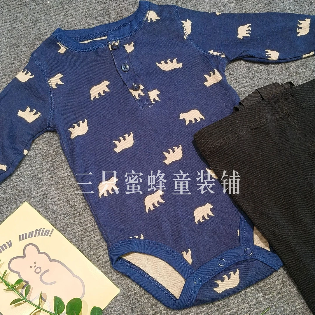 【可爱北极熊】蓝色长袖卡通纯棉哈衣爬服包屁衣男女宝连体衣