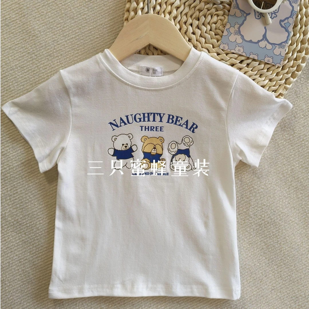 【趣味动物园】夏季纯棉短袖淘气小熊宝宝印花韩版圆领透气白色百搭