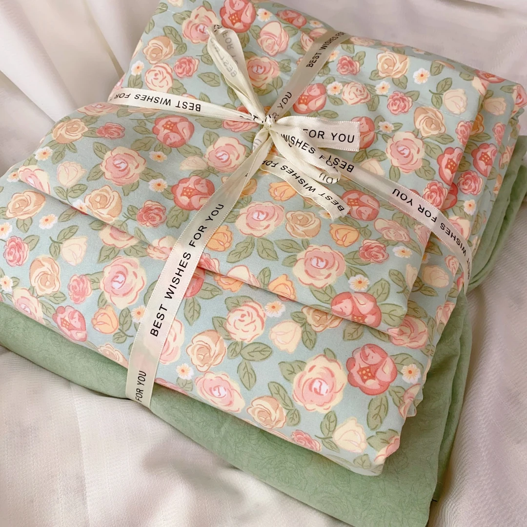 绿花簇四件套碎花-四季舒适新款花卉时尚印花秋冬款-专营店