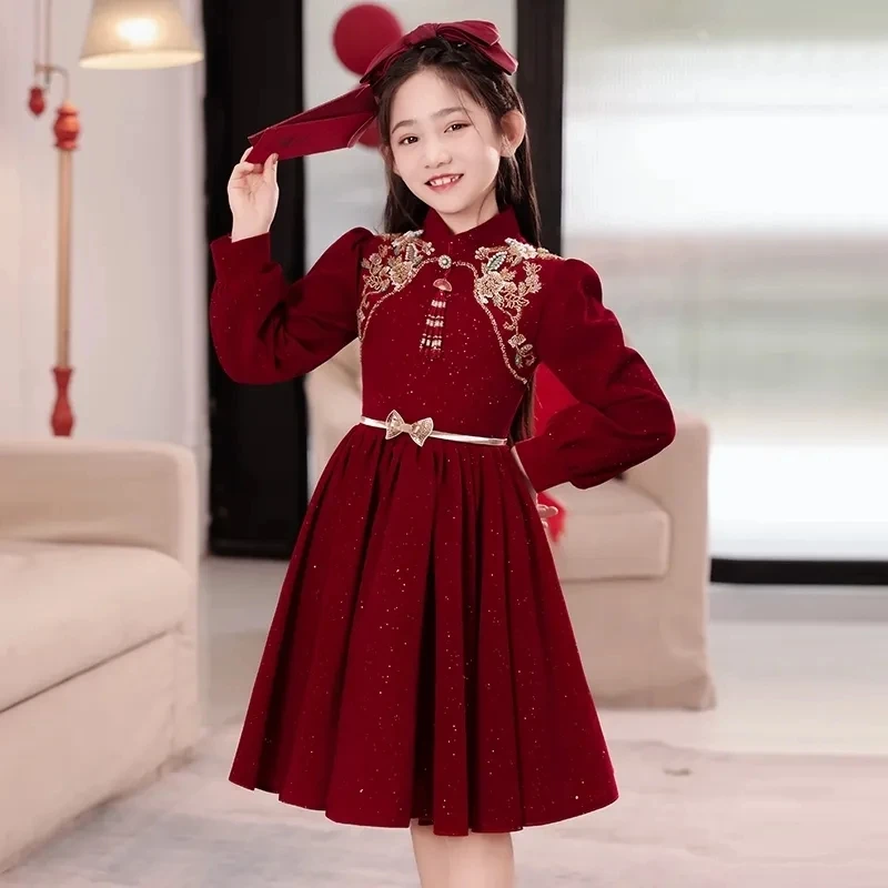 女童中国风连衣裙秋装洋气儿童红色拜年立领公主裙中大童喜庆衣服