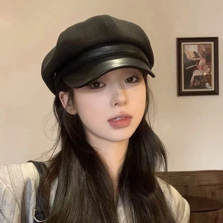 雪雪家超大头时髦好物毛呢鸭舌报童帽大头围八角帽PU皮质帽子画家