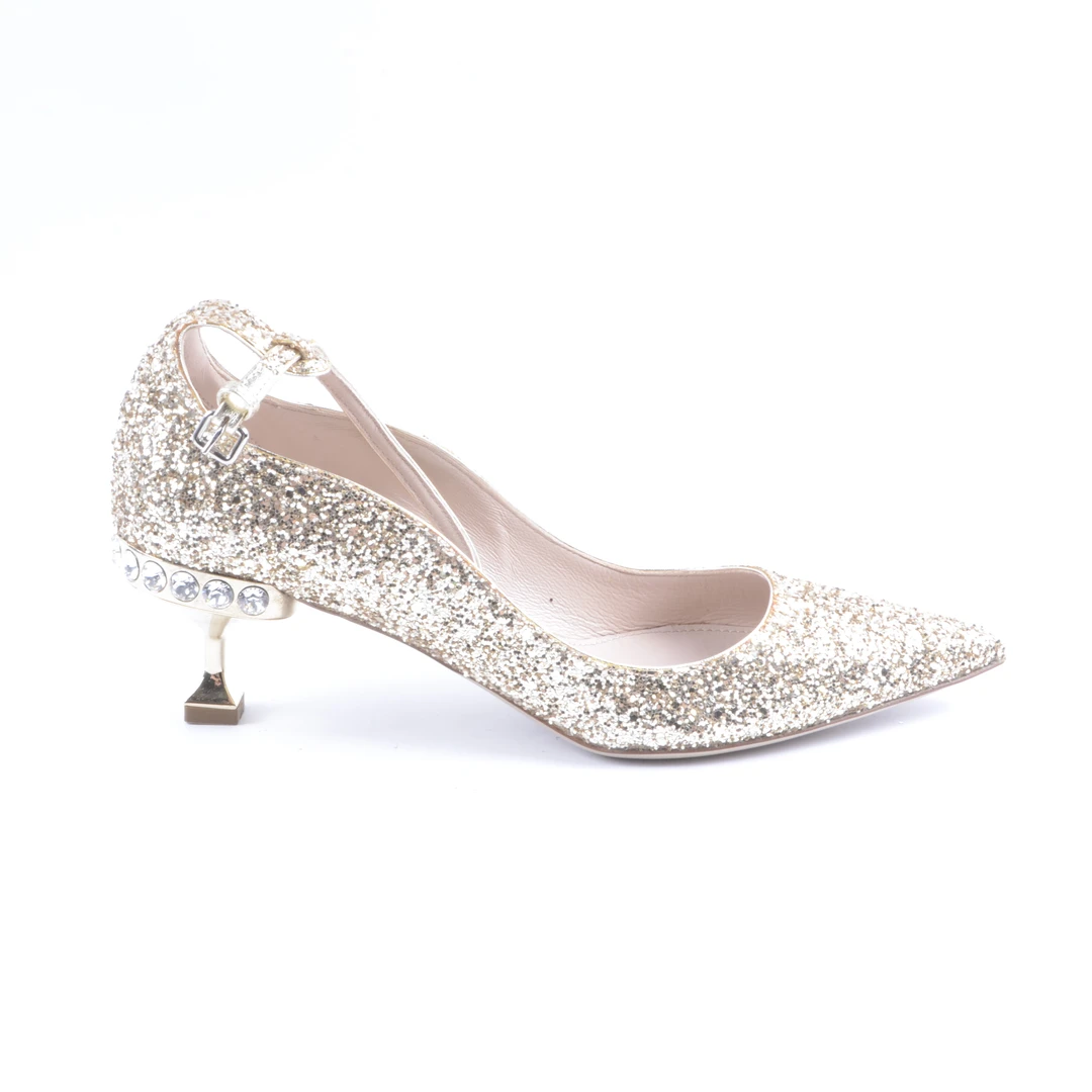 MIU MIU/缪缪金色尖头跟鞋36.5