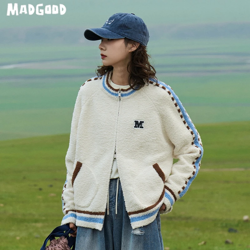 madgood马得工地日系撞色棒球领logo学院风毛衣开衫MDGDMY243199