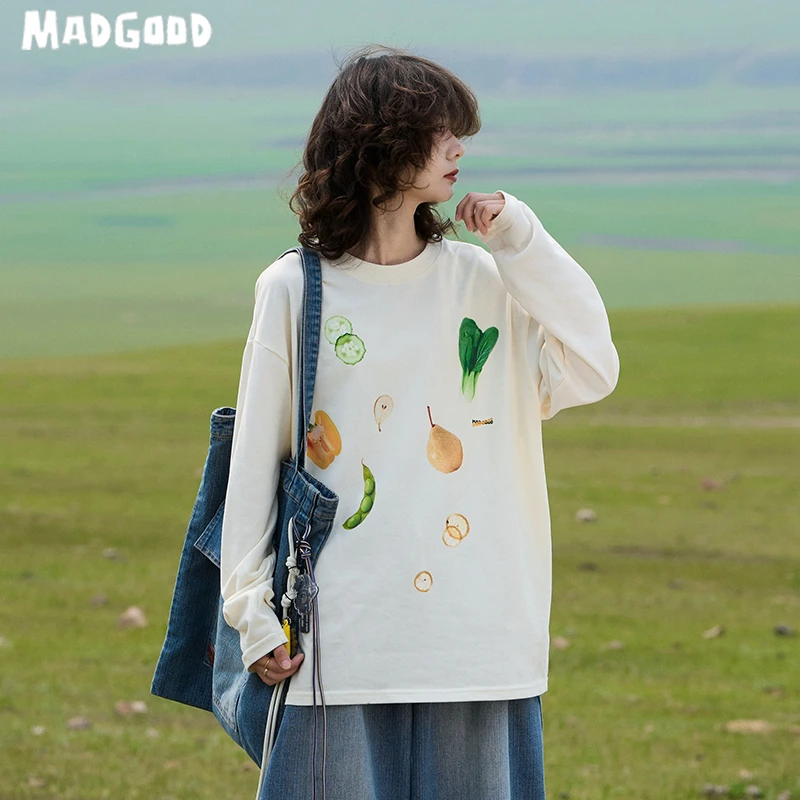 马得工地madgood全棉宽松圆领果蔬趣味数码印花长袖MDGDCX243253
