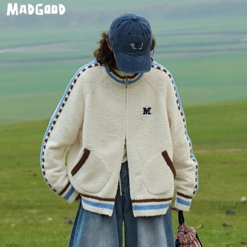madgood马得工地日系撞色棒球领logo学院风毛衣开衫MDGDMY243199
