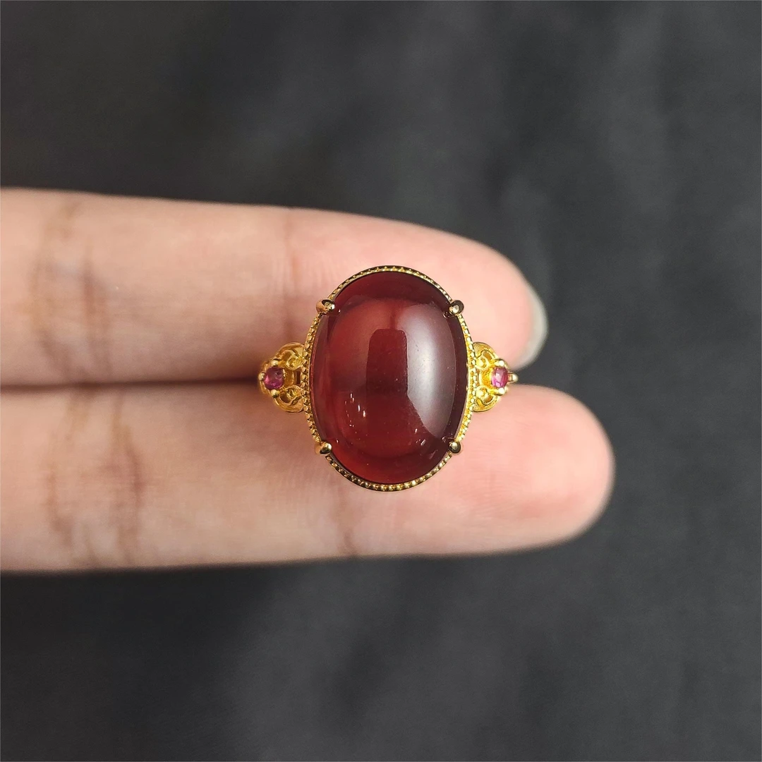 琥珀蛋面戒指C01-114赠礼盒(多样性发)