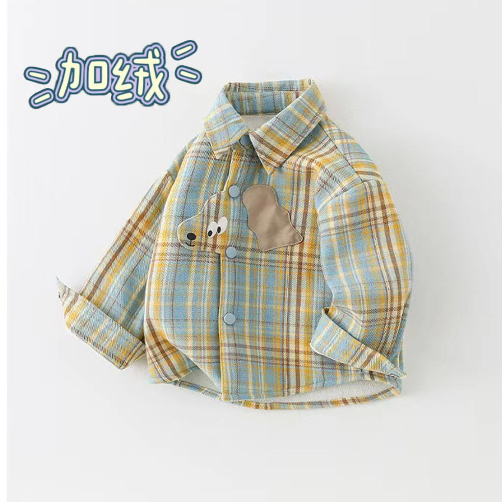 男童加绒格子衬衫百搭磨毛简约韩版儿童中大童长袖衬衫冬天秋装潮