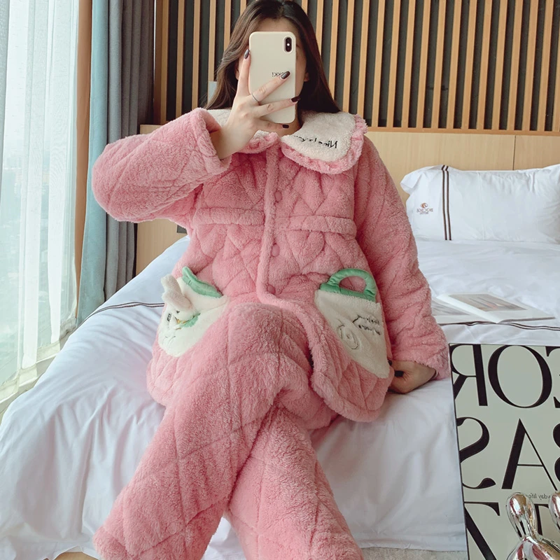 月子服秋冬三层夹棉产后喂奶加厚加绒冬季保暖孕妇家居哺乳睡衣套