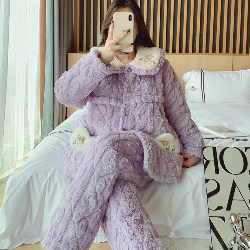 月子服秋冬三层夹棉产后喂奶加厚加绒冬季保暖孕妇家居哺乳睡衣套