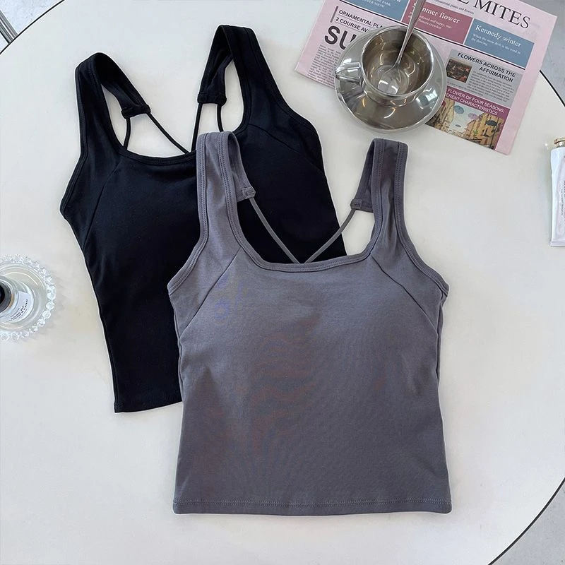 夏季百搭交叉美背吊带背心女带胸垫内搭修身外穿显瘦辣妹短款上衣