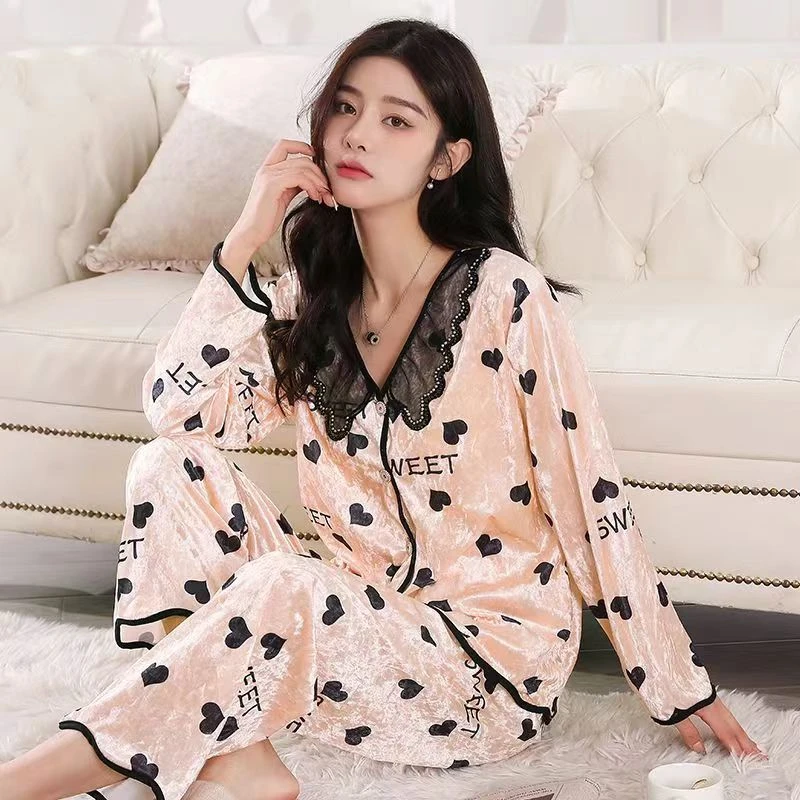 金丝绒睡衣女春秋冬季开衫套装甜美宽松大码可外穿ins家居服Y