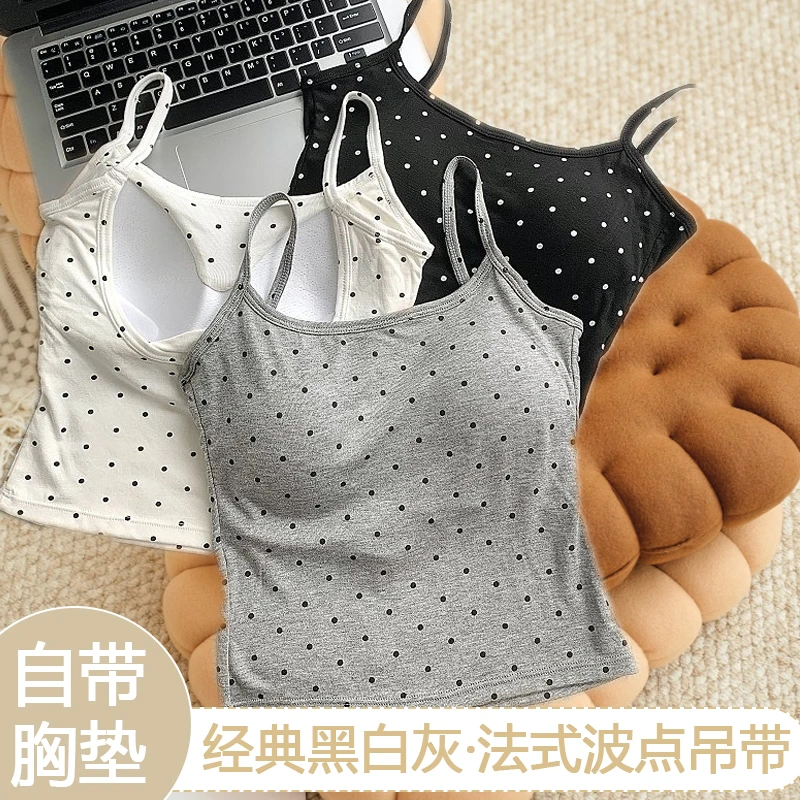 U型露背波点辣妹小吊带背心女夏内搭美背文胸一体带胸垫外穿上衣U