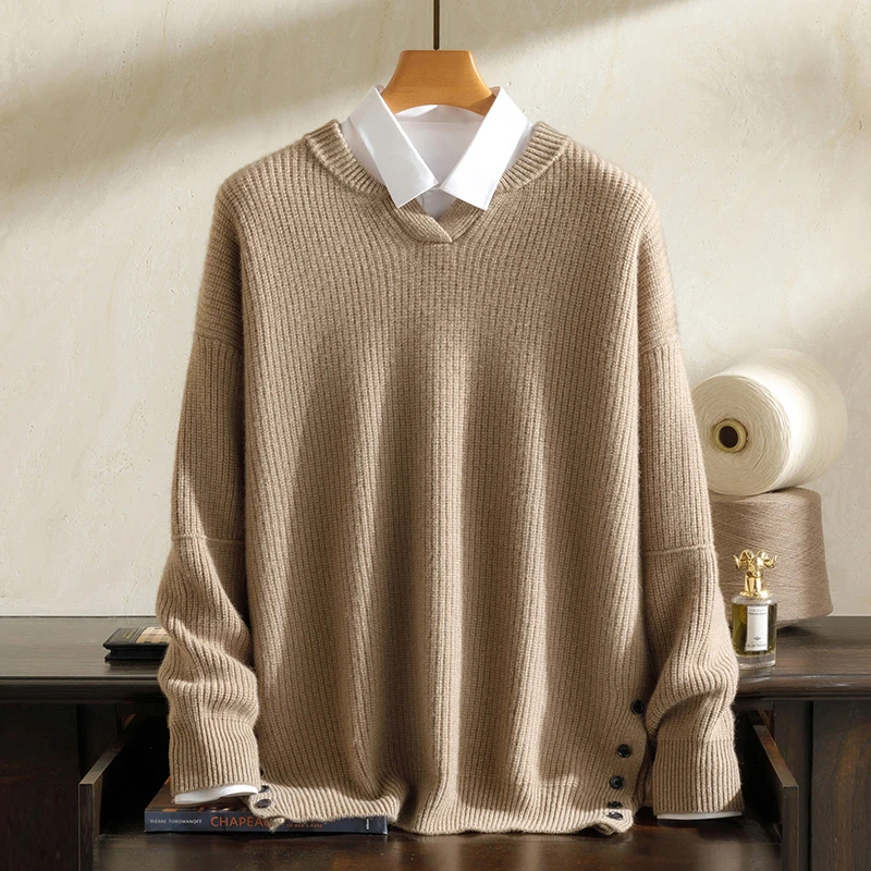 男士超厚纯山羊绒衫秋冬休闲宽松棒球领侧扣落肩款时尚套头针织衫