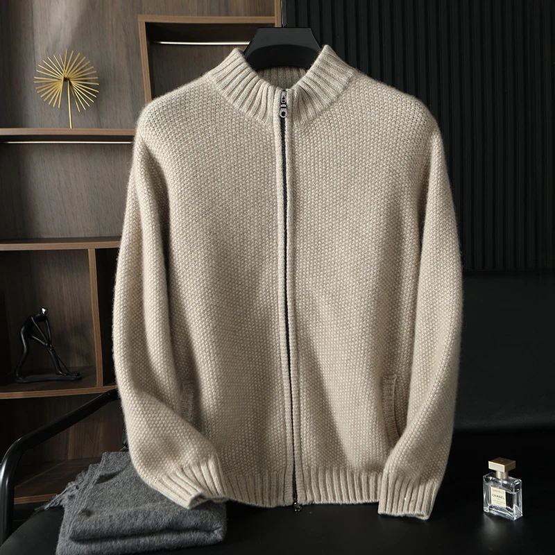 秋冬新款男士100%纯山羊绒菠萝针三针加厚立领双拉链针织开衫外套