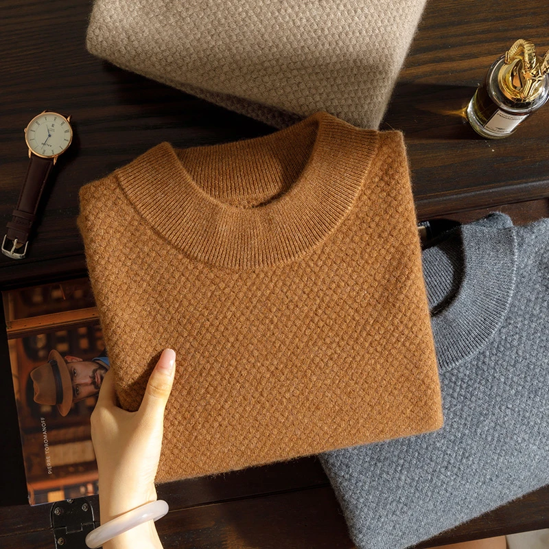 男士半高领100%纯山羊绒衫秋冬菠萝针中厚套头打底针织衫保暖时尚