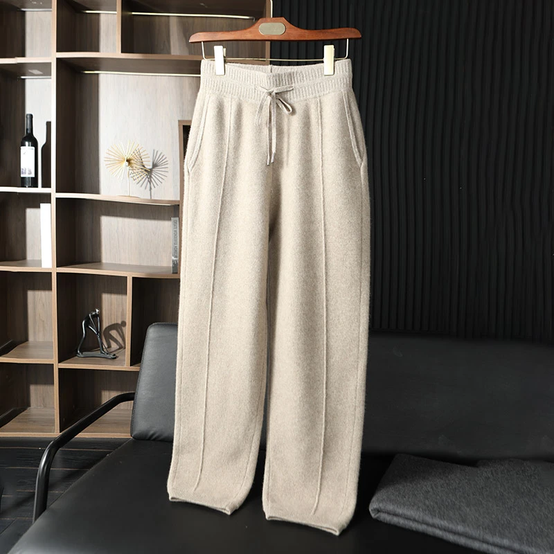 100%纯山羊绒男士秋冬加厚裤子运动时尚宽松卫裤针织休闲裤长裤