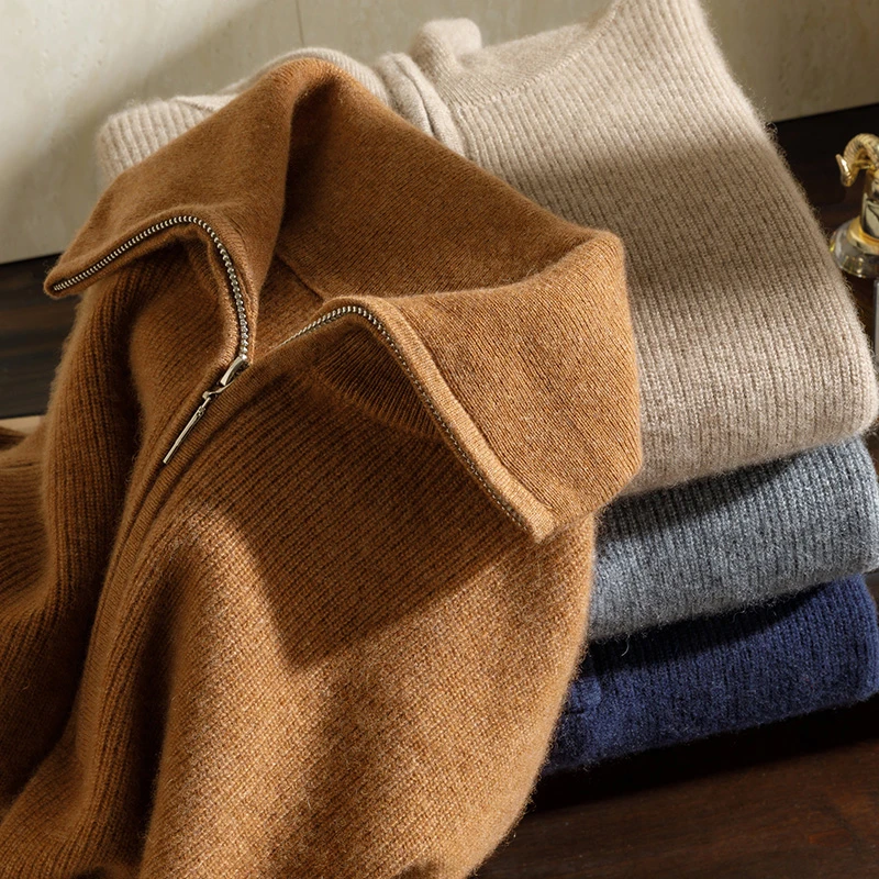 男士100%纯山羊绒衫秋冬加厚半拉链保暖套头休闲翻领长袖针织打底