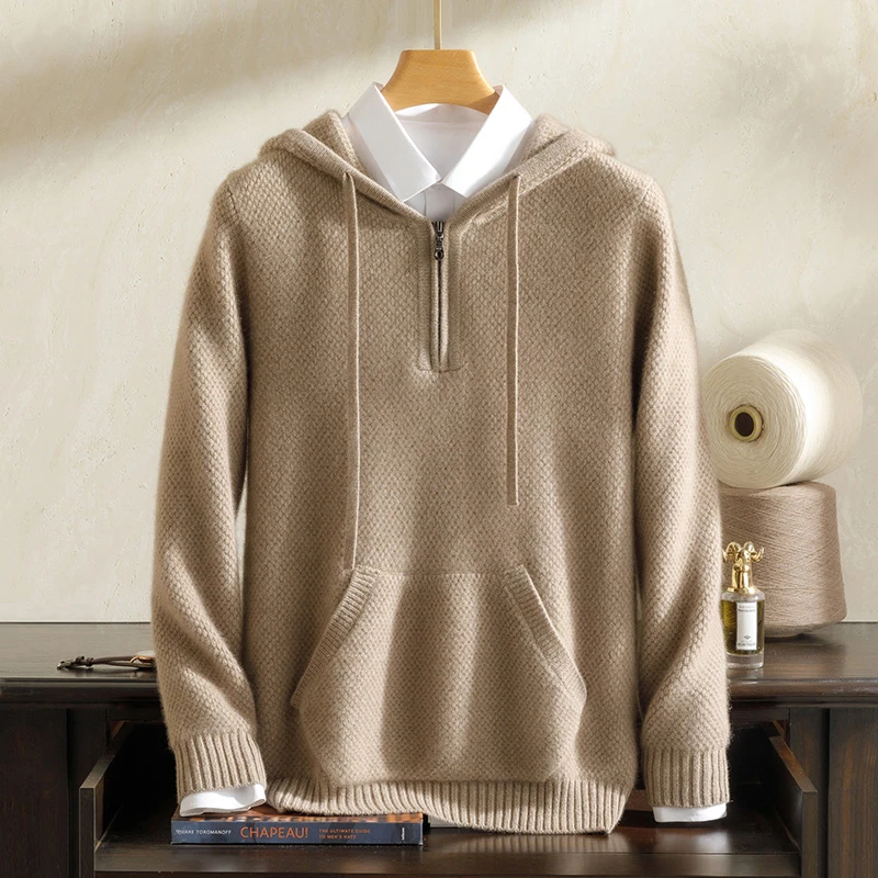 男士100%纯山羊绒衫秋冬休闲时尚加厚半拉链连帽套头保暖针织帽衫