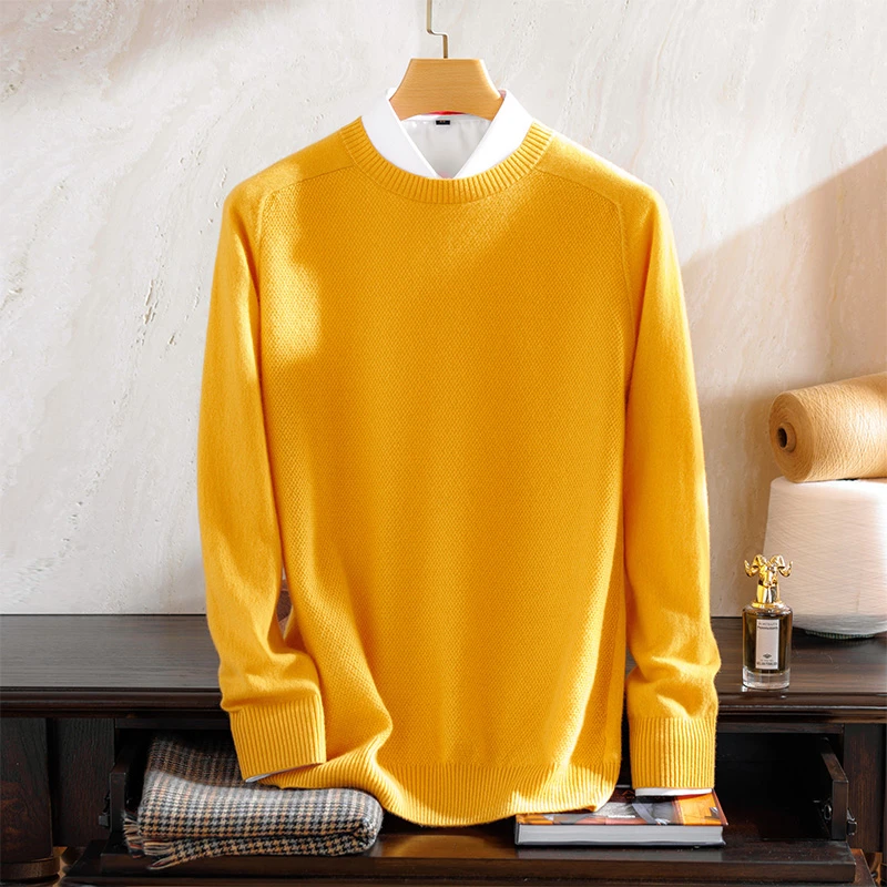 男士休闲纯山羊绒衫长袖秋冬套头插肩圆领百搭纯色针织打底衫保暖