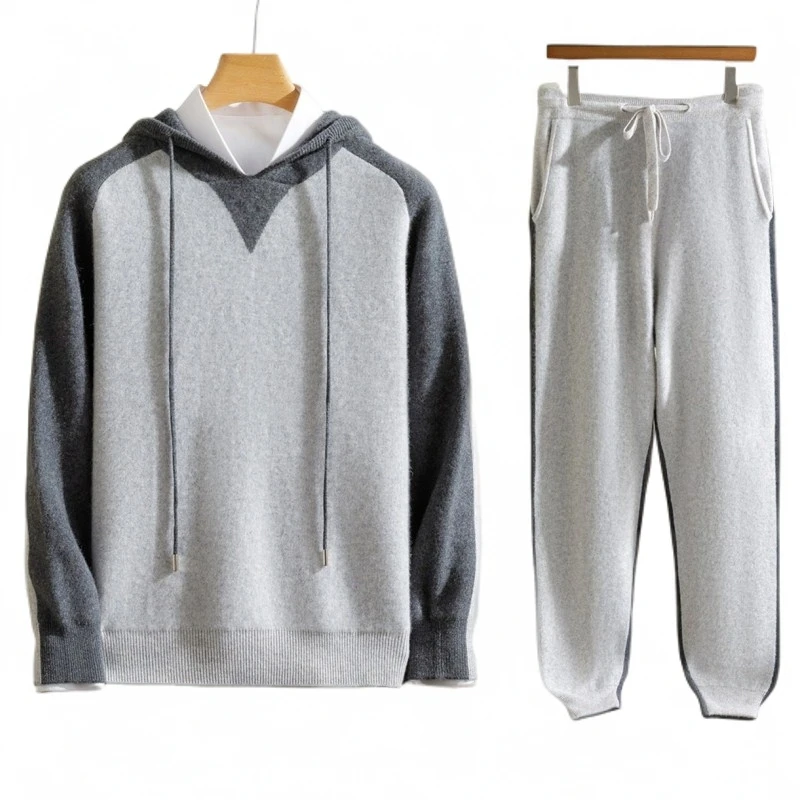 男士加厚100%纯山羊绒套装秋冬休闲时尚保暖针织连帽衫束口裤套装